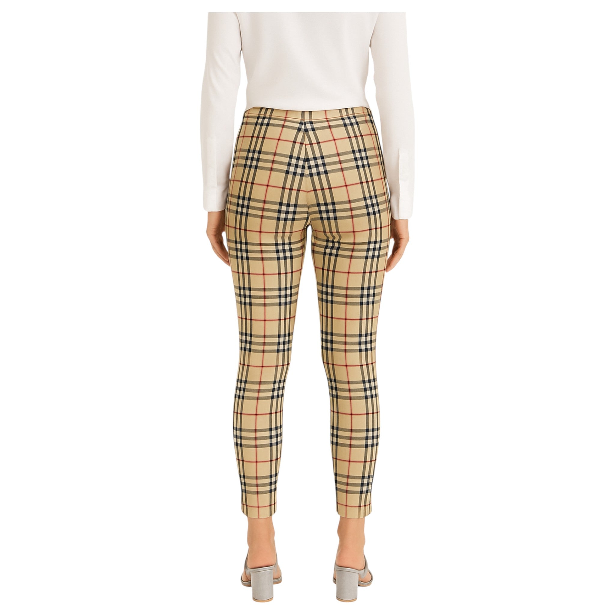 Womens beige check jeggings – Ladies soft touch stretchy slim fit high waist legging trousers